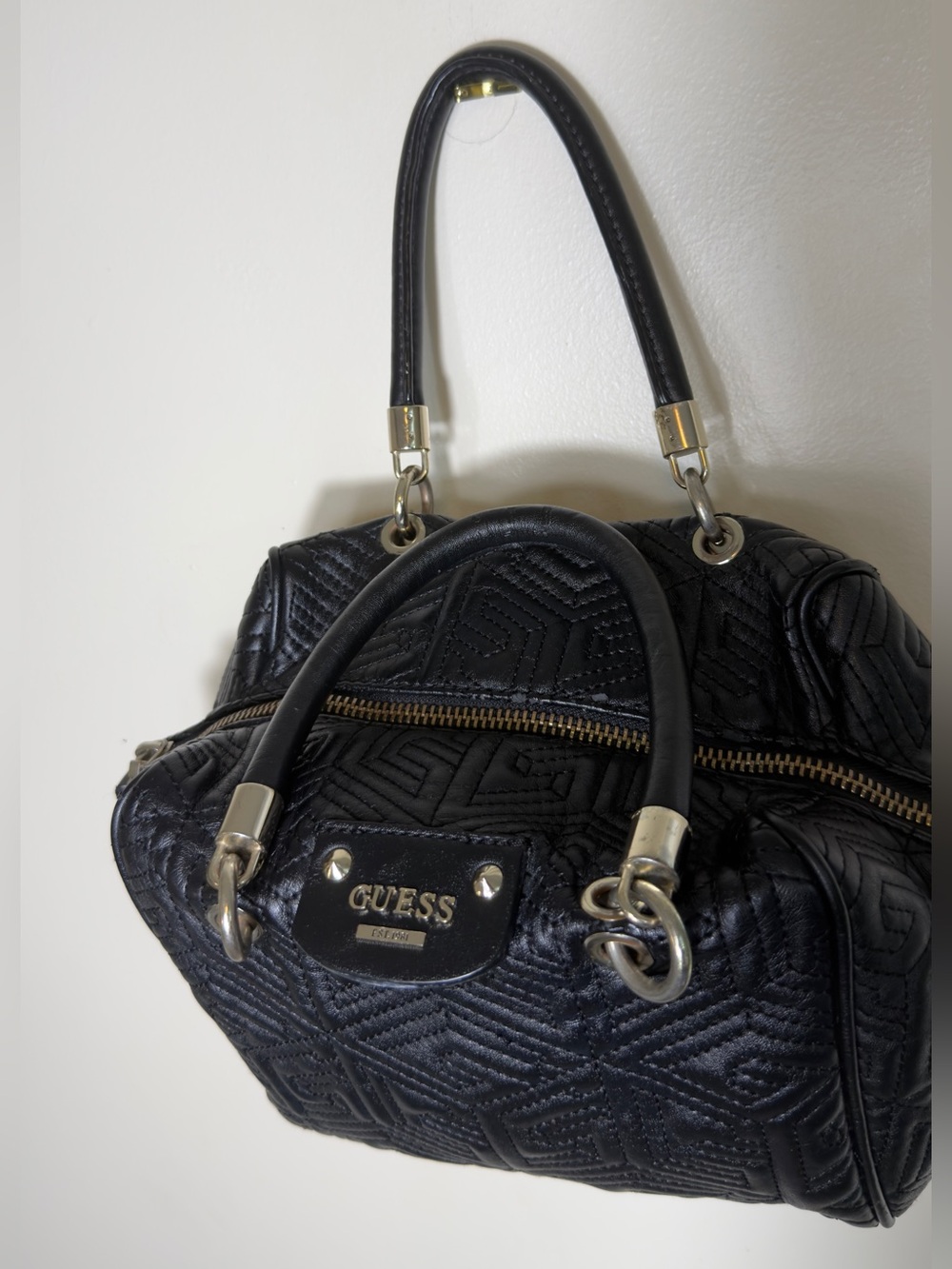 Guess Geometric Quilted Barrel Satchel Bag Black 3D Cube Top Handbag Purse